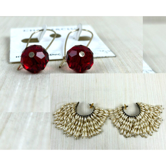 Pearced Charter Club Cherry Red‎ Faceted Glass Crystals & Fan Pearl Earing 2 Set - Picture 1 of 11